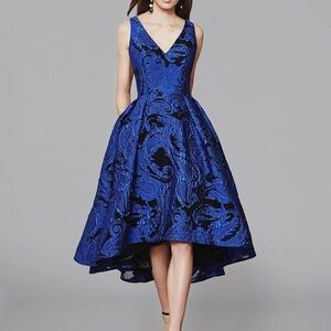 NWOT Frascara blue black evening dress prom gown midi high low mesh floral